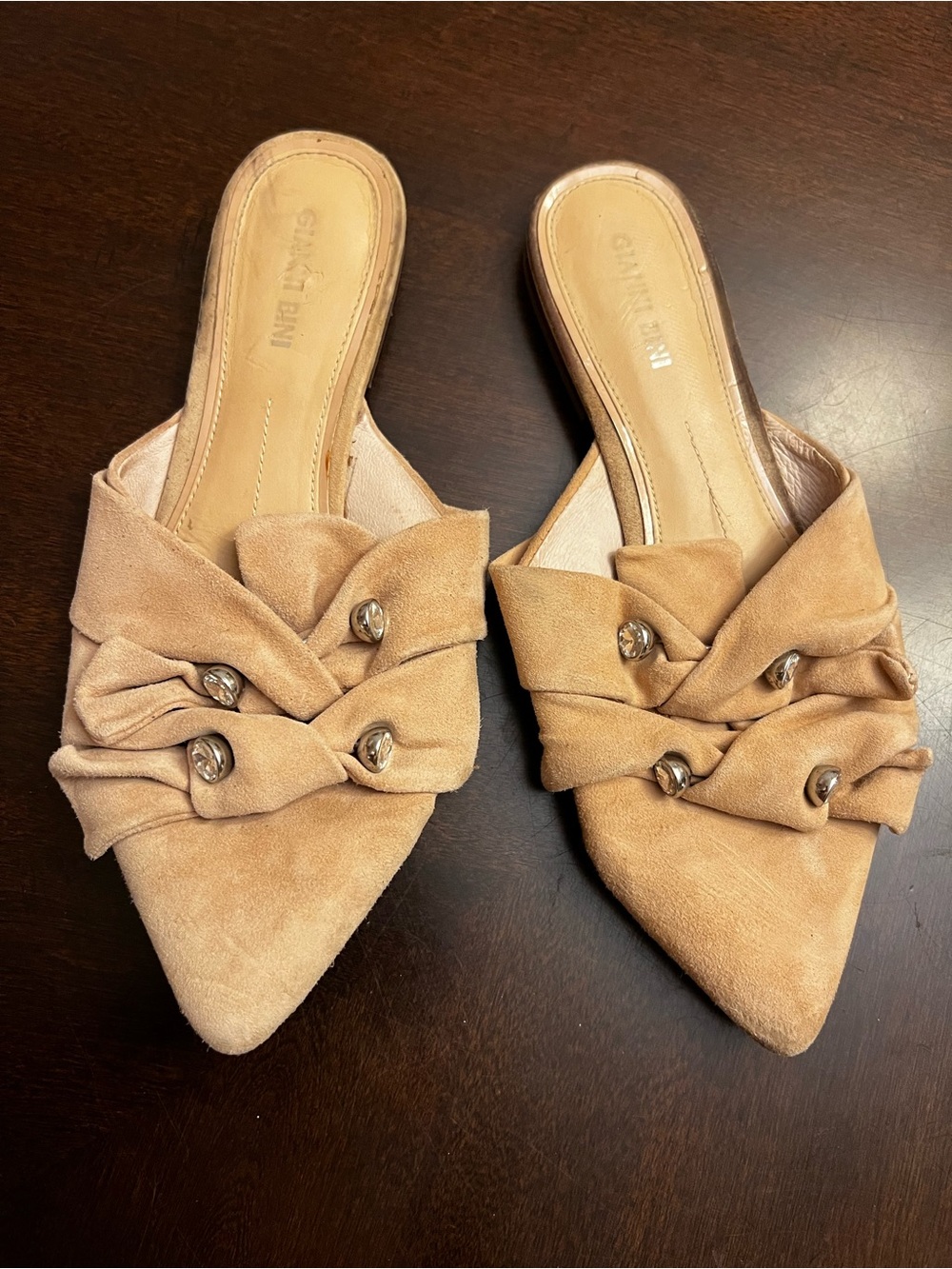Gianni Bini Tan Suede Pointed Slip-On Mules with Knot Detail
